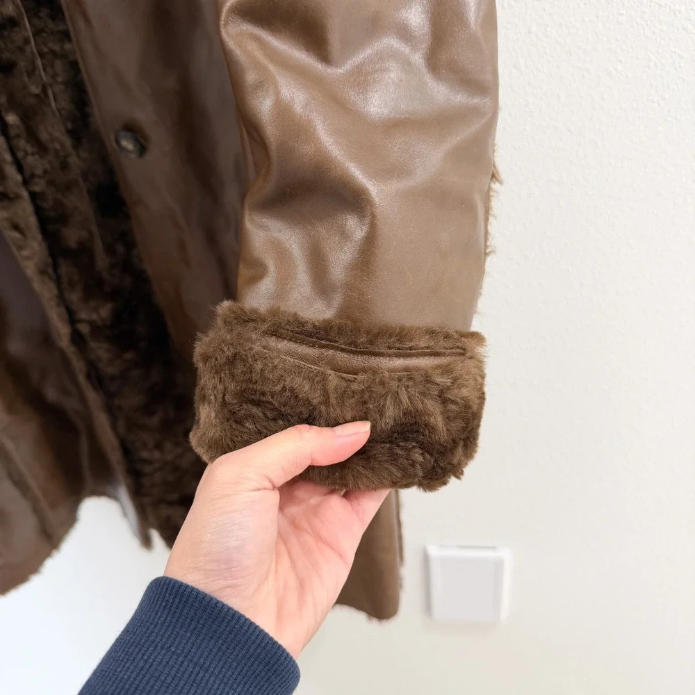 Vintage Y2K Penny Lane 70s Retro 100% Leather Faux Fur Kenneth Cole Brown Coat M - Picture 13 of 13